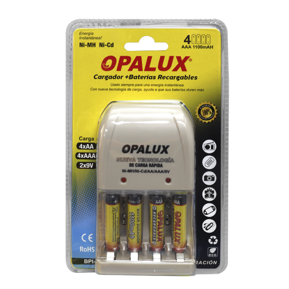 CARGADOR DE PILAS AA/AAA/9V «OPALUX» NI-MH/NI UL + 4 PILAS NH-AAA1100BP2