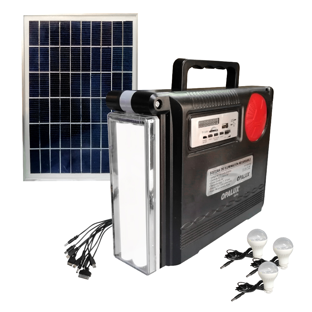 SISTEMA DE ILUMINACION RECARGABLE CON PANEL SOLAR Y 3 FOCOS